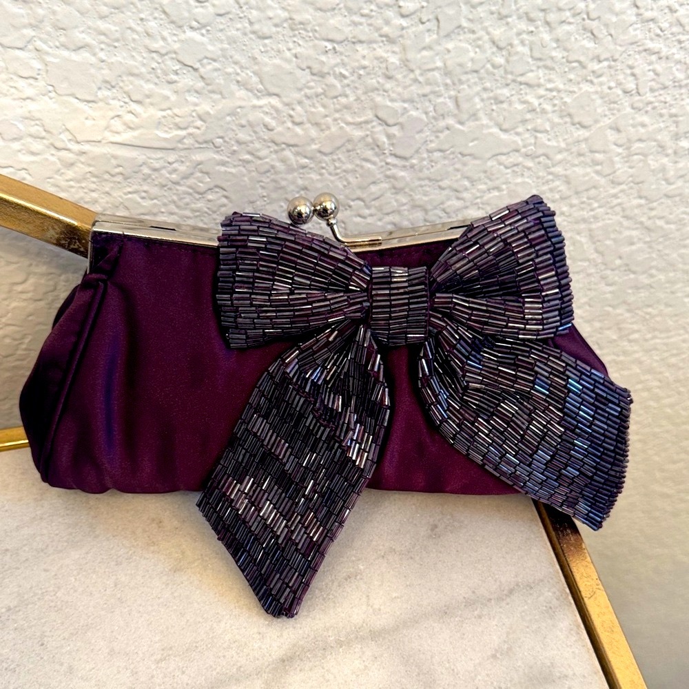 🆕 Expression NYC maroon color Elegant Purple Clutch with Beaded Bow